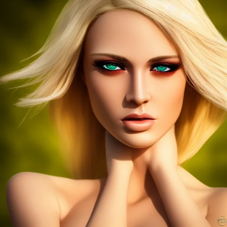 masterpiece, best quality, beautiful man, woman, green eyes, blond flutter hair, highly detailed body, sun light, 4K, RAW, depth of field, high contrast, realistic details, 150mm