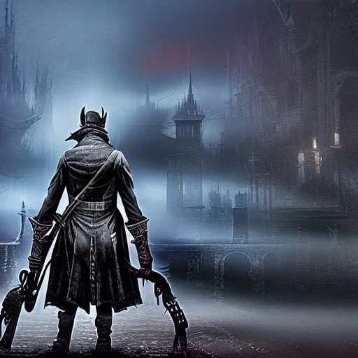 hyper realistic Bloodborne cityscape with dark beast looming in the fog