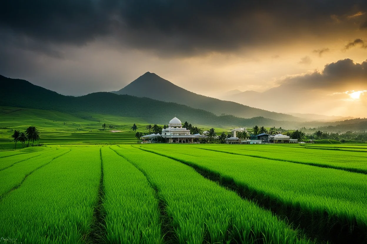 Photography Art beautiful dramatic evening ,Islamic Mosque ,rice paddy fields,green mountain background,imaginative photoshoot fromfar