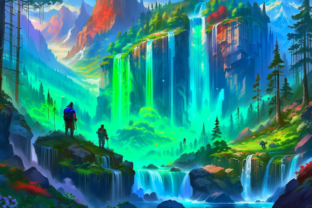 The land of scandinavia, forests, waterfall, travelers on their way, beautiful scenery, 8k, high detail, digital painting, concept art