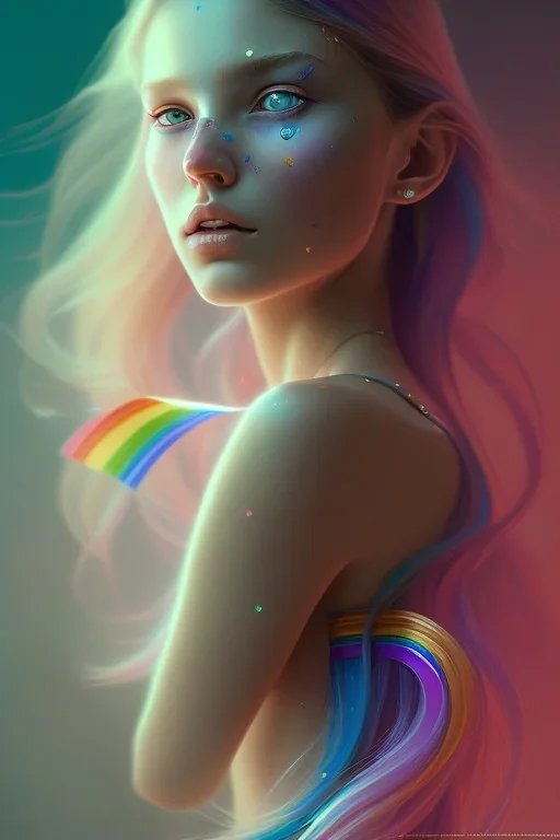 girl, cute, beautiful, long hair, rainbow hair, rainbows, close up portrait by Greg Rutkowski