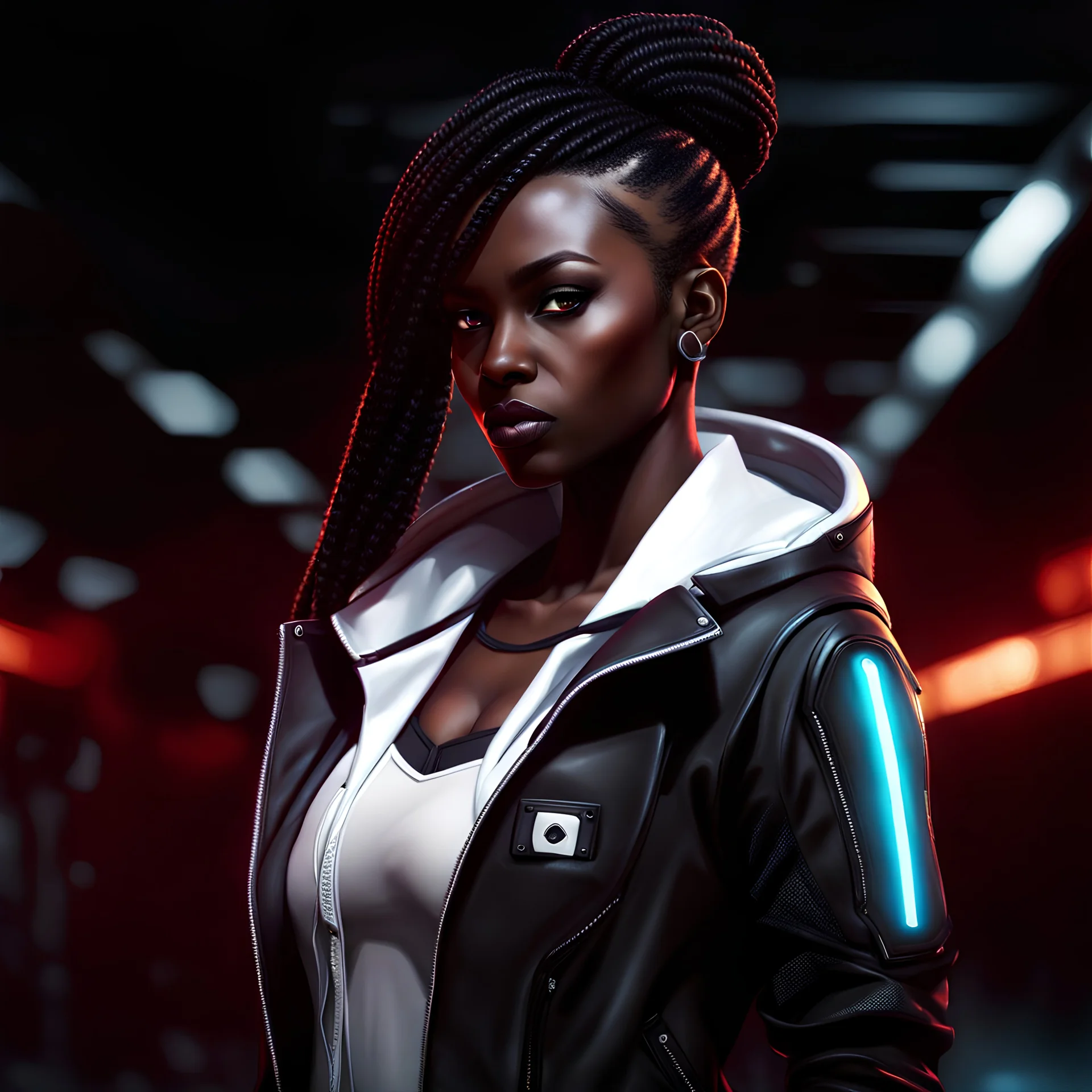 Mysterious Nigerian female cyberpunk spy, dark skin, white jacket, cyberpunk style, video game character, trending DeviantArt, trending ArtStation