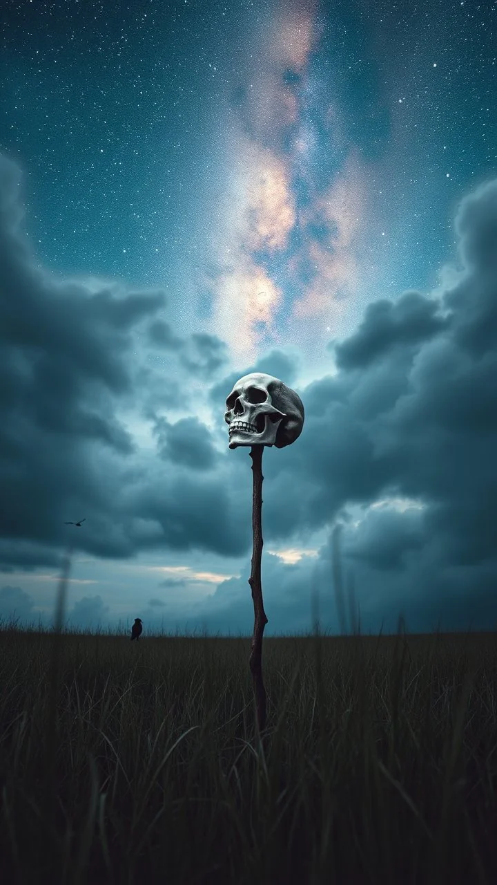 stars in the background and out of this world galaxy in a blue and gray cloud of stormy weather a thick stick fixed on the ground with skull put on the top of it , ultra hi quality picture with cinematic science, tragedy, a small black bird far in hovering in the horizon in the big field of grass near front view of the skull