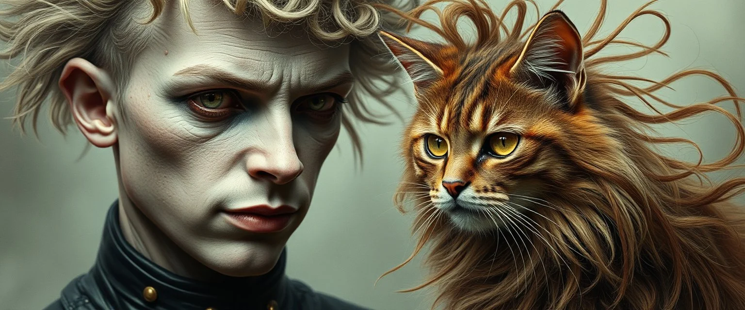high class realism, dented skin, victorian era, cyber punk, A really close up portrait of one person individually mutated with hairy wigs glowing, and a long haired cat that just came out of a violent twister with its long hair twisted