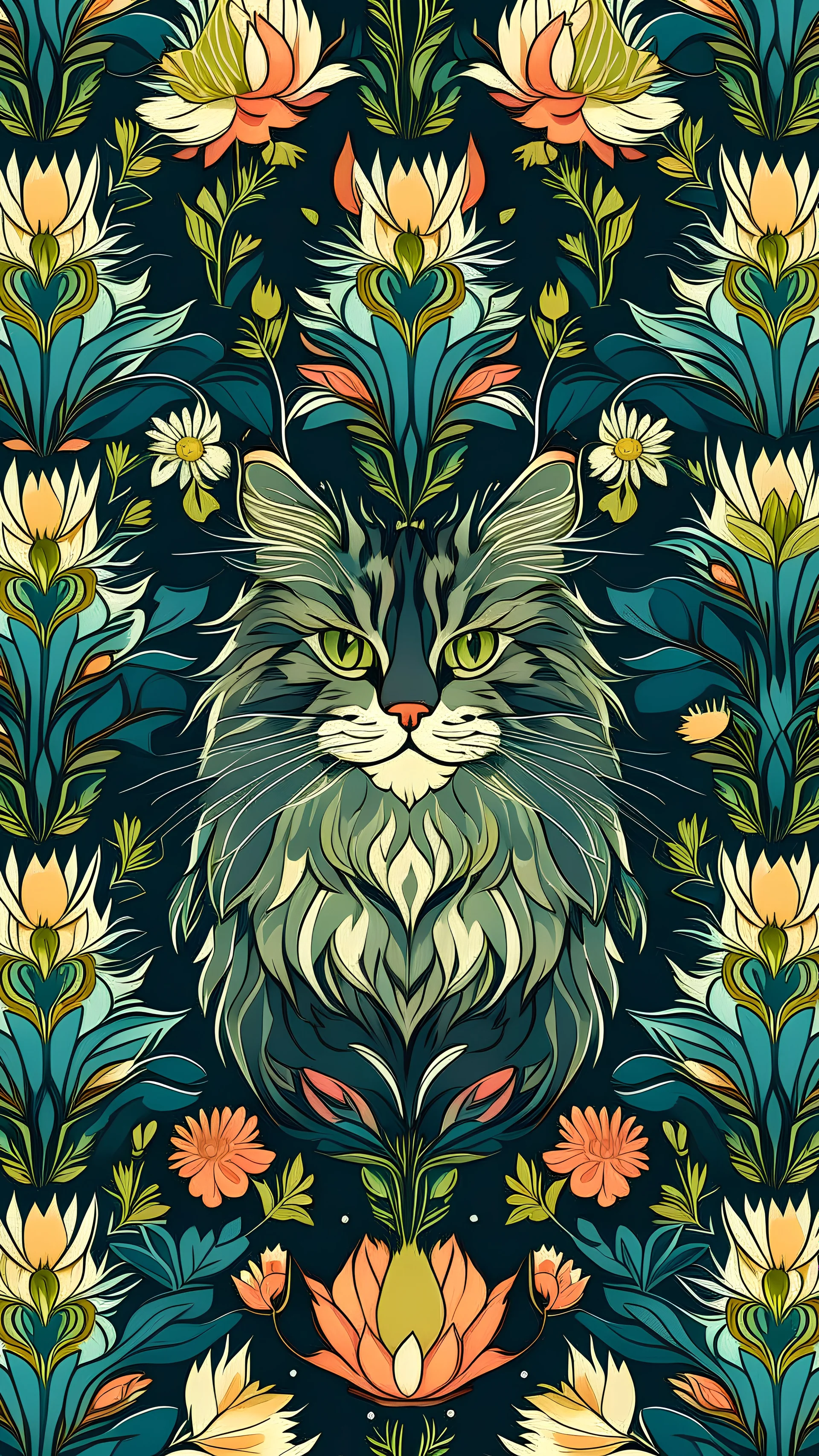 Maine Coon cat , repeating patterns design, fabric art, flat illustration, Vector, 4K, Art station, digital print, highly detailed clean, vector image, photorealistic masterpiece, realistic butterflies , flat background, isometric, bright vector, white background, 500 leaf, bright color, beautiful