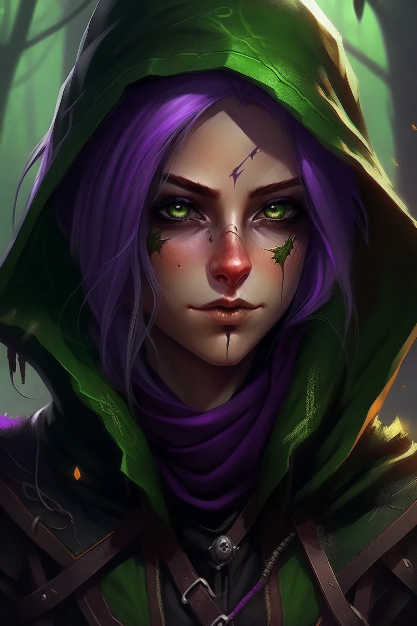 Portrait of wood elf, rogue assassin, purple hair, bright green eyes, black hood, black leather armor, messy, disheveled, trees, sneaky