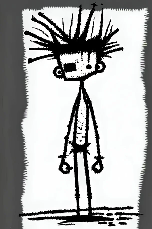 2d drawing of a stickman, cool with punk hair, x eyes like in hangman, no shirt in only a towel,standing with folded arms,