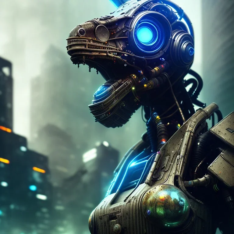 portrait post-apocalyptic robots in a cyberpunk city, realistic, intriacte detail, sci-fi fantasy style, volumetric lighting, particales,highly detailed,cinamatic, deep colours,