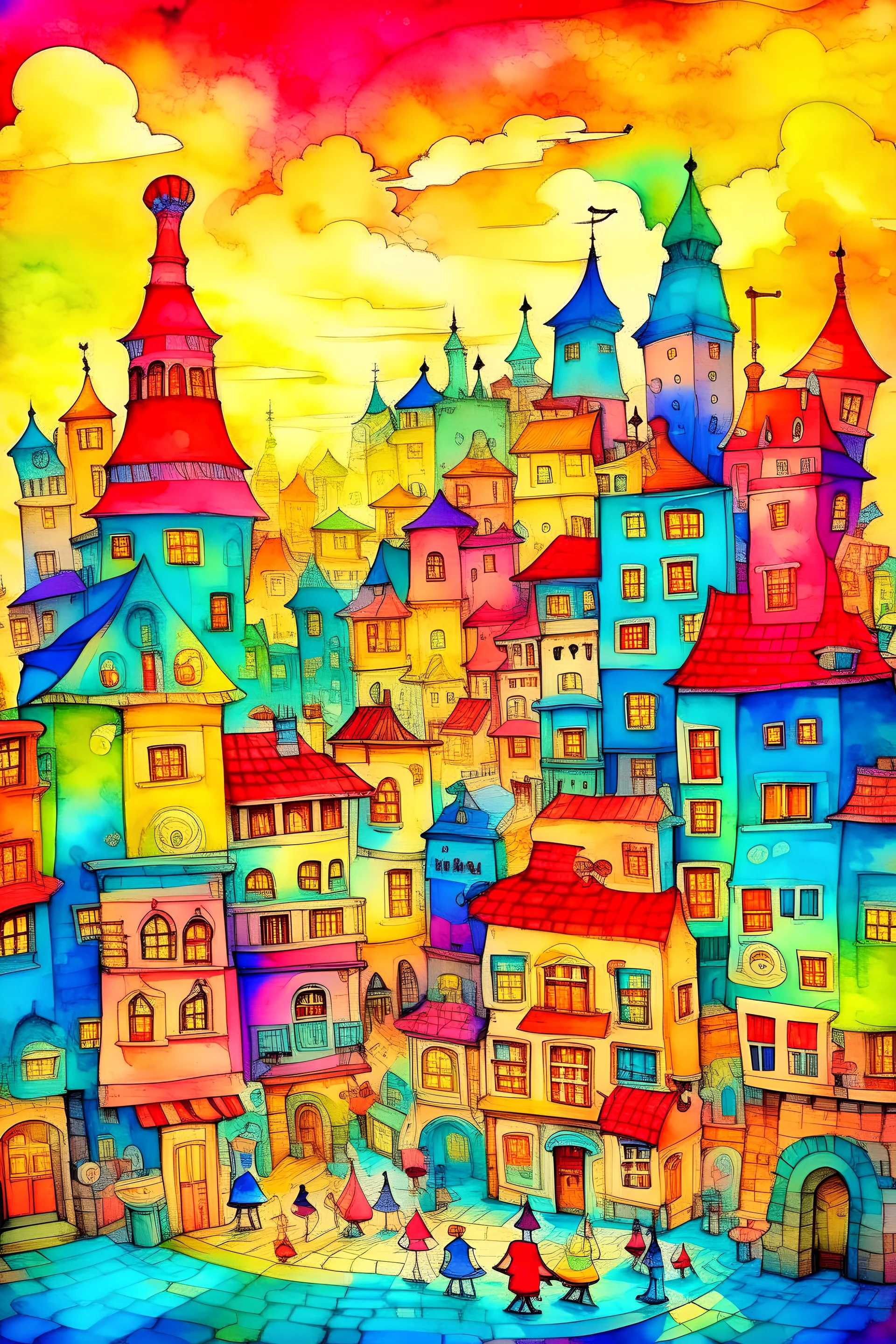 A watercolor painting of a whimsical cityscape filled with colorful buildings and playful characters. Inspired by the artist Hayao Miyazaki. The colors are vibrant and cheerful, evoking a sense of wonder. The characters wear bright expressions of excitement. The lighting is warm, reflecting the joyous atmosphere