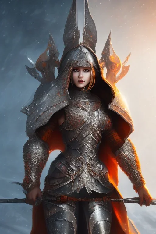 Beautiful medieval warrior girl, wearing futuristic armor, glowing orange lights armor, snow mountain background, snow, fur cloak