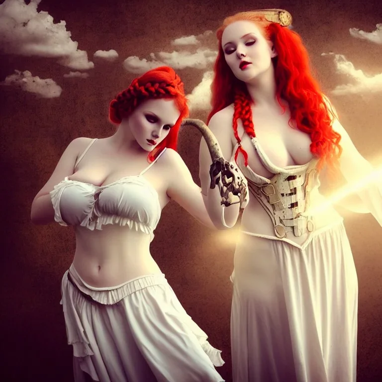 Very sensual gorgeous curvy young white woman redhead maiden dressed in white posing sensually with plaits, and with a skull in her hand, background of ancient marble Roman arcs heavenly sunshine beams divine bright soft focus holy in the clouds steampunk engine steampunk engine.