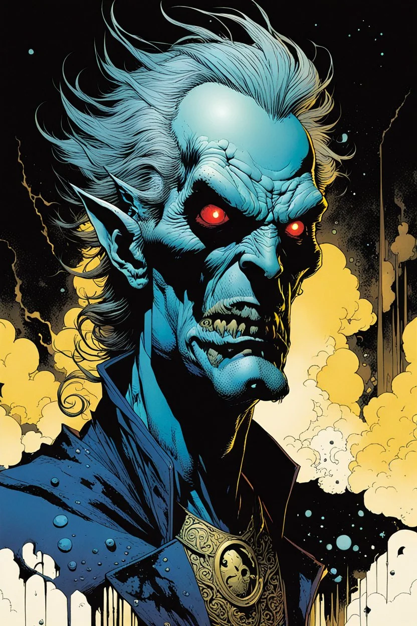 create an ethereal, otherworldly Ravnos antediluvian vampire shape shifter , in the comic book art style of Mike Mignola, Bill Sienkiewicz, and Jean Giraud Moebius, with highly detailed facial features , finely inked , dramatic natural lighting