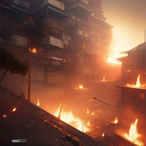 Favela, burning, explosion, resolution concept art by Greg Rutkowski