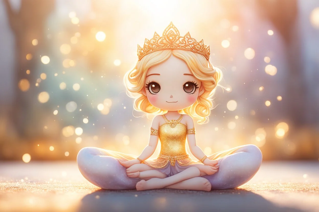 cute chibi yoga princess in sunshine, watercolor and black ink outlines, sparkling golden glitter, ethereal, cinematic postprocessing, bokeh, dof