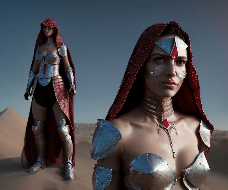 Animated, woman, Arabic face veil, armor, choker, hands, gauntlets, x, sword, longsword, chainmail, red beads, desert, pyramid, face paint