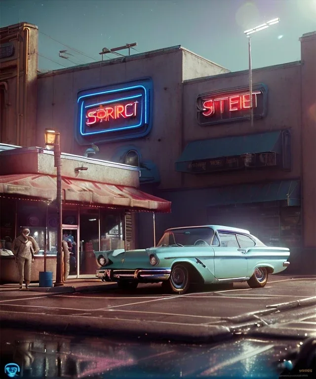 Ultra Realistic retro sci-fi movie Supermarket parking scene, 1960 year, waist up view portrait, a giant blonde woman, sweet teenager Jane Fonda face, perfect iris, glow eyes, face makeup, tight latex coat, many people, Retro sci-fi style, soft color, highly detailed, unreal engine 5, ray tracing, RTX, lumen lighting, ultra detail, volumetric lighting, 3d, finely drawn, high definition, high resolution.