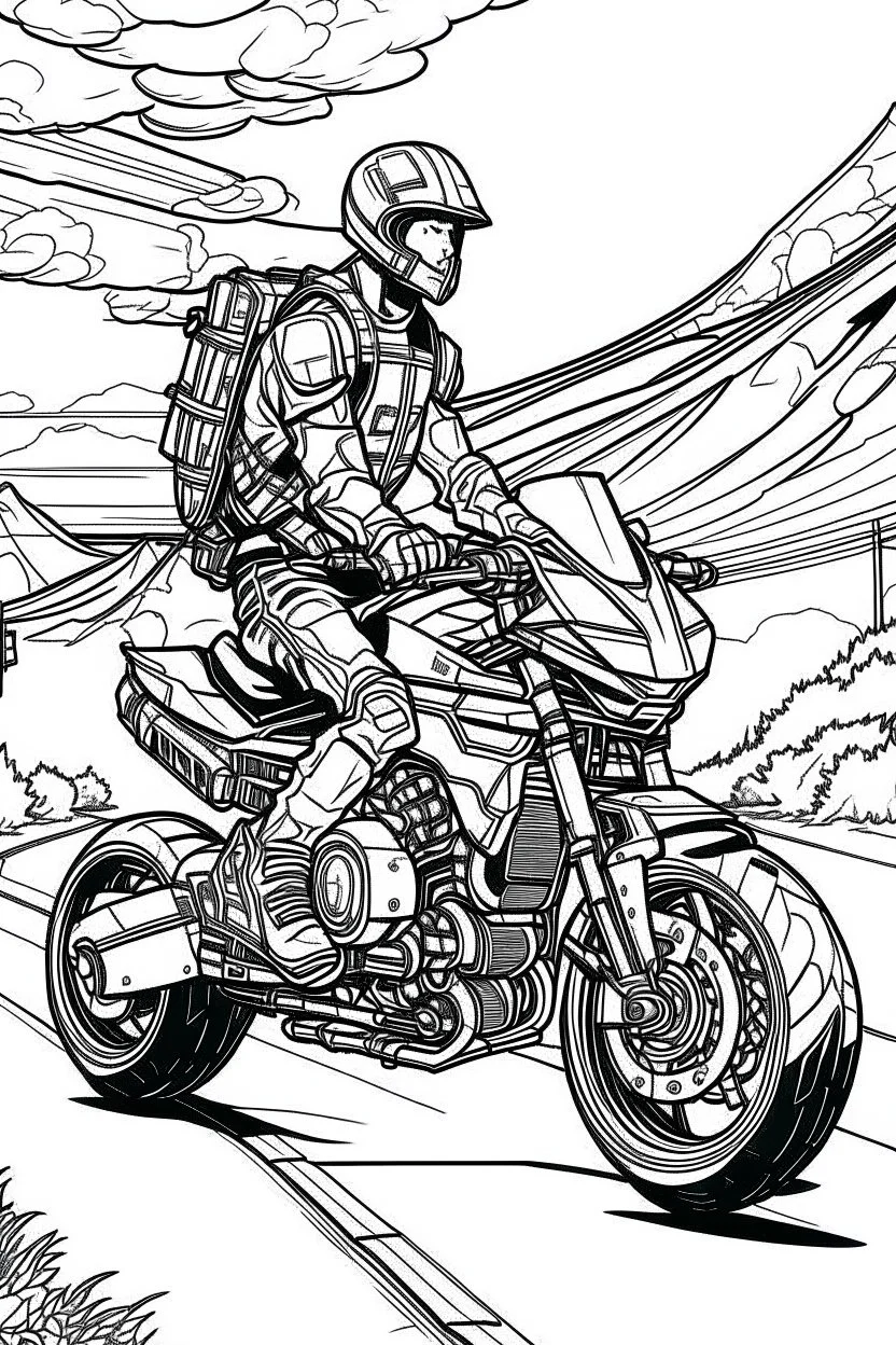Outline art, no shading, machine bike full body on the road, cartoon style, black and white, low detail, --ar 9:11