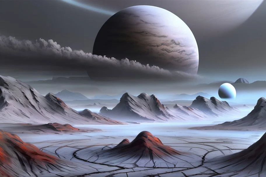 Alien landscape with grey exoplanet in the sky, over the valley. Pond, sci-fi, concept art, cinematic, movie poster