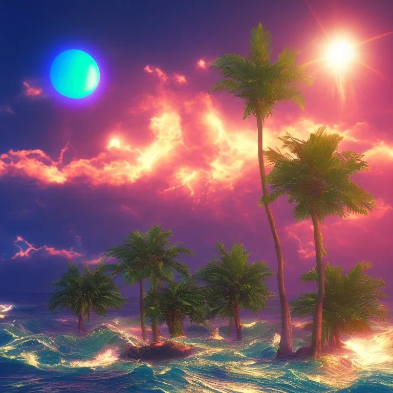 1980's vaporwave aesthetic palm trees with lightning with solar eclipse in the ocean waves sunset