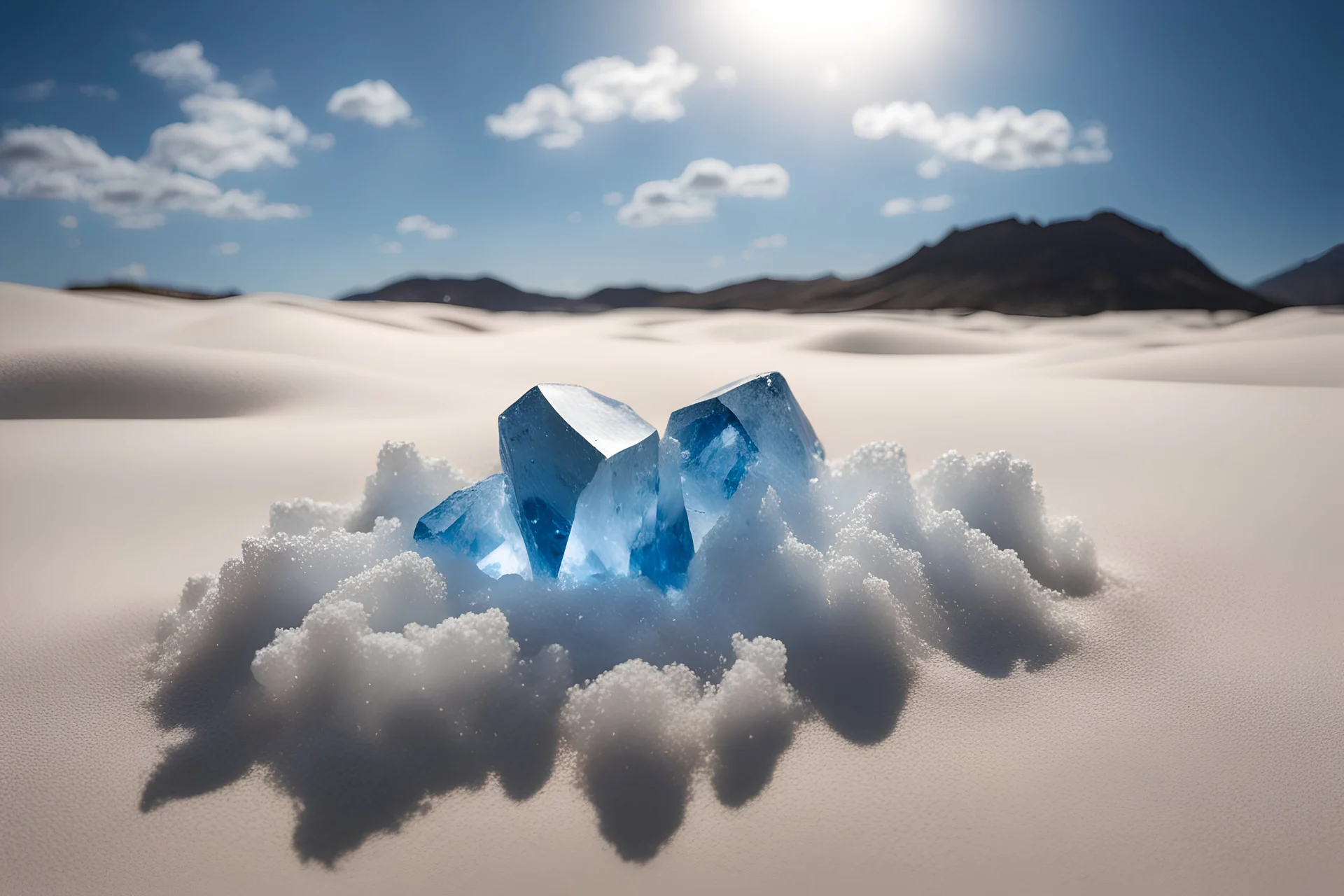 sol de sable blanc, grand cristaux bleus et transparents dans le ciel, feux blancs allumés