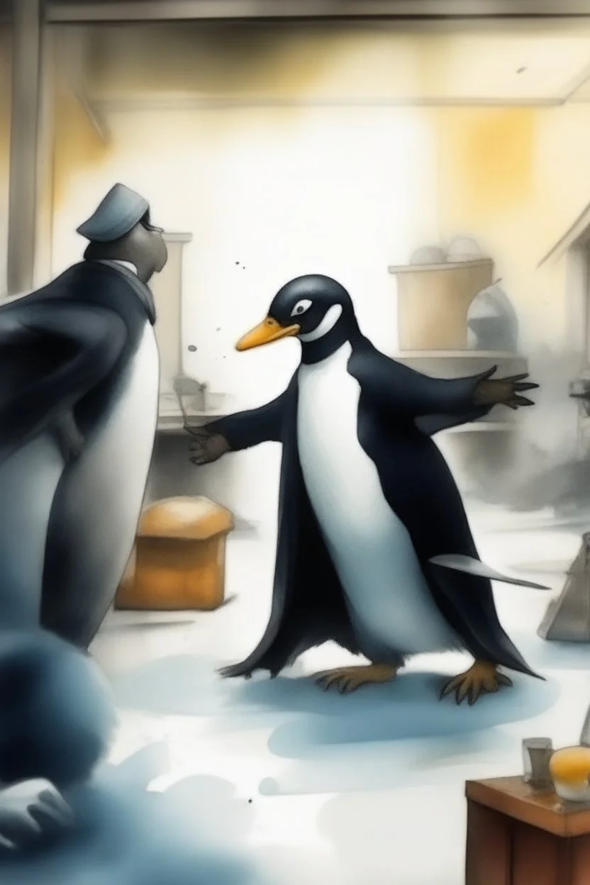 a penguin is an angry boss in a factory, atacking people with money. watercolor. fight, mortalkombat.