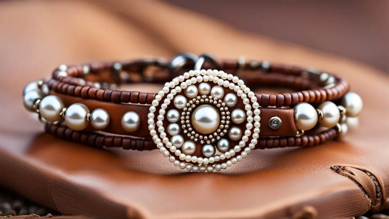 macro photo of a bracelet made of brown leather and tiny pearls in nice ethno style on a woman's wrist, detailed, sharp contrasts, realistic, cinematic, blur background