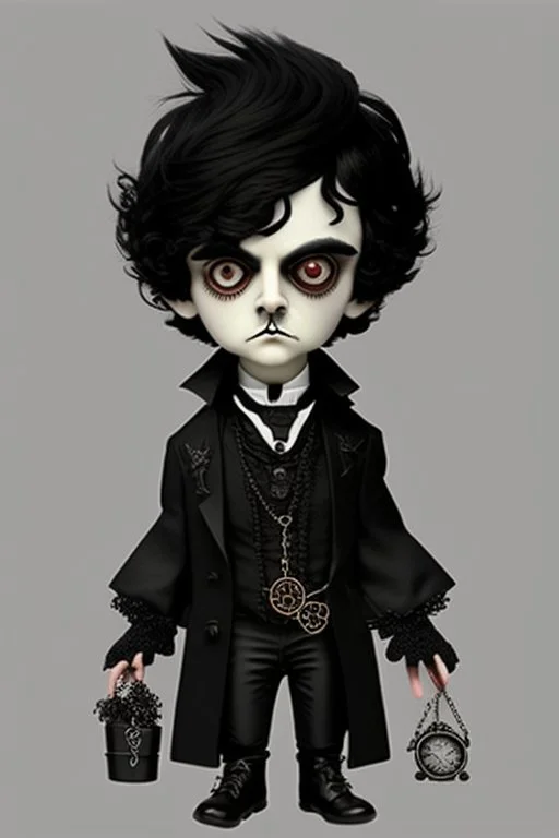 black haired black eyed young man necromancer steampunk Gnome that looks like a young Edgar Allan Poe with gothic jewelry in the style of Charles Addams