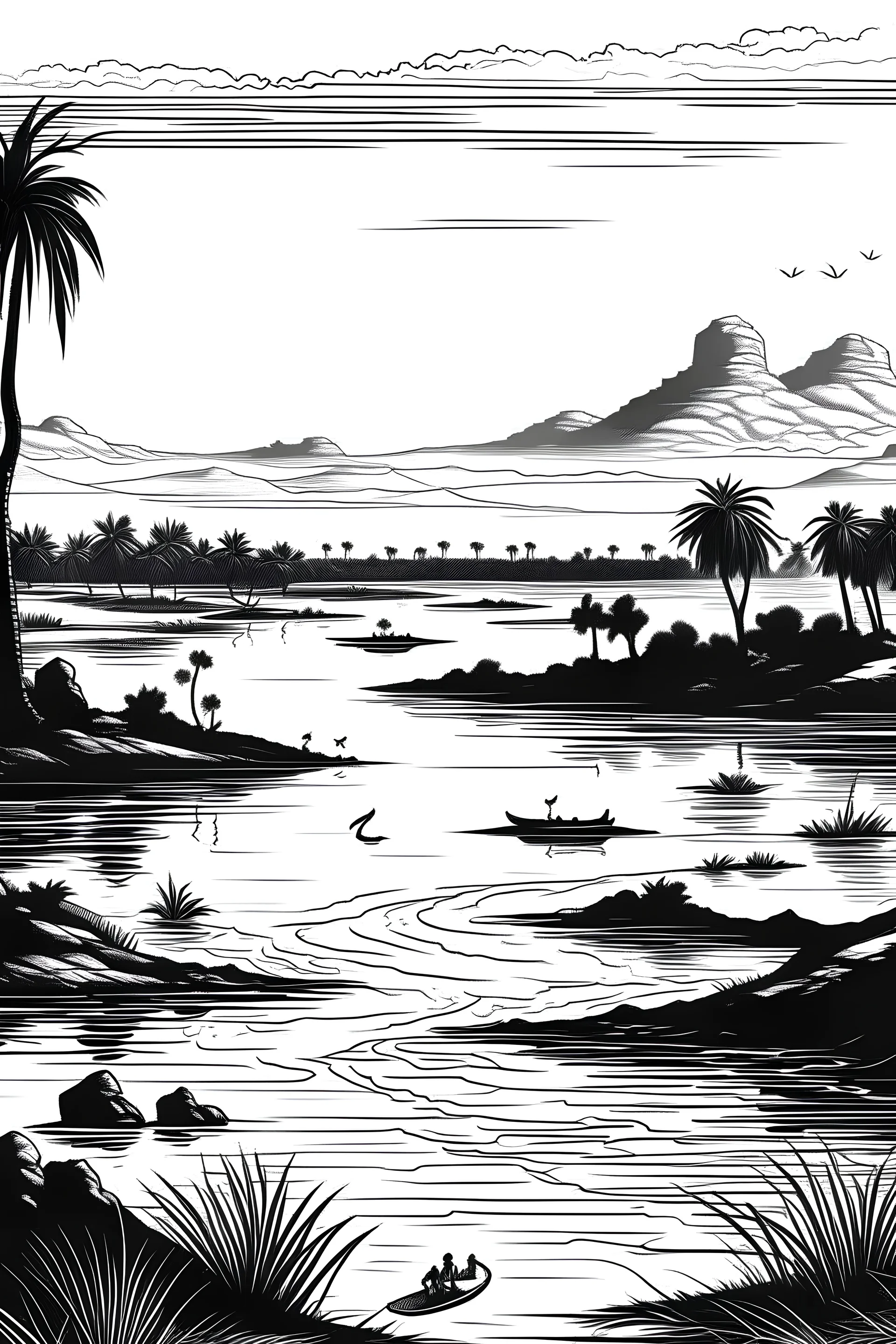 The River Nile in Egypt, Africa, is the longest river in the world.", black and white illustration, picture, more engaging, concept art, simple background, detailed background