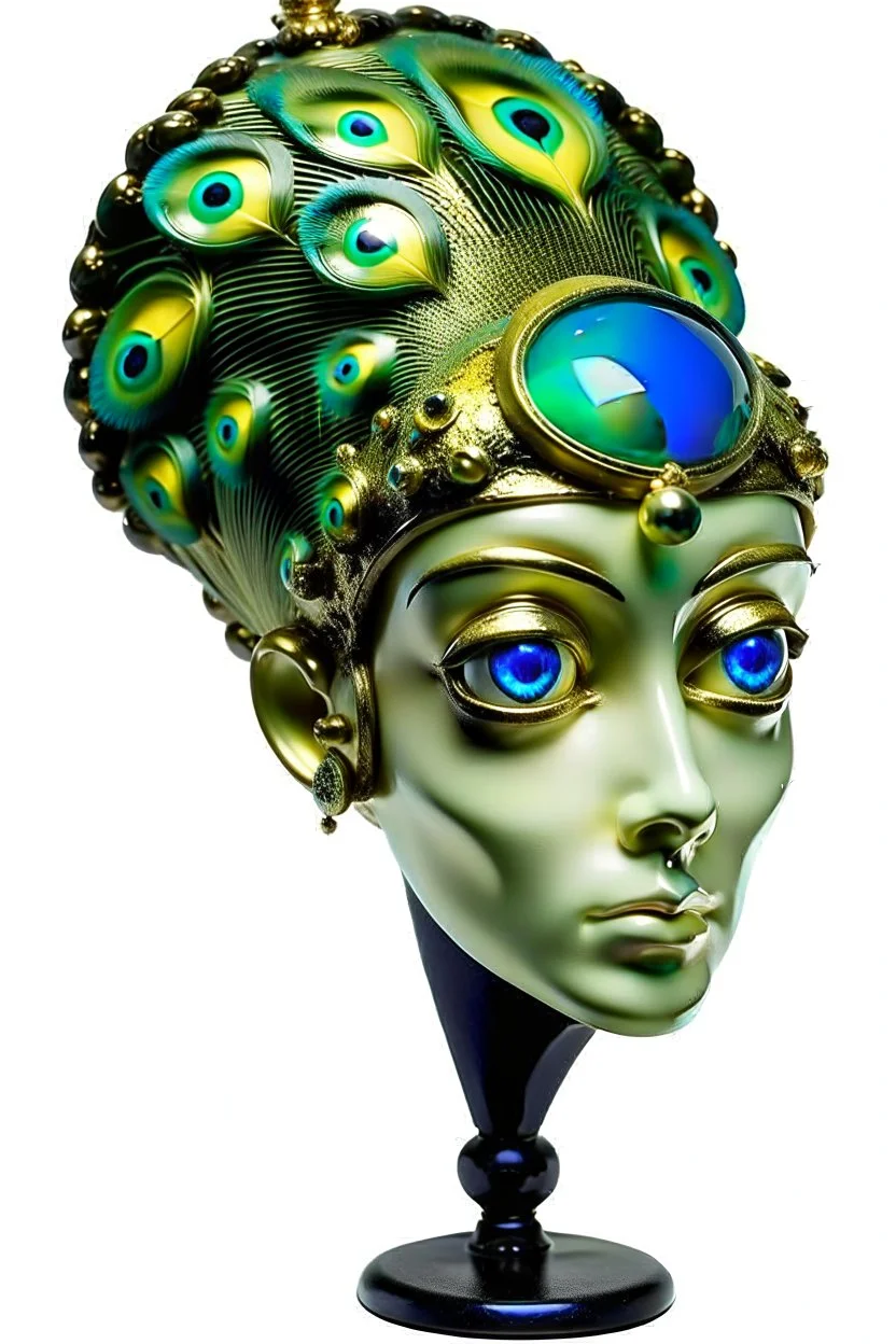 weird lady peacock, transparent, glass head, one eye, surreal by dali