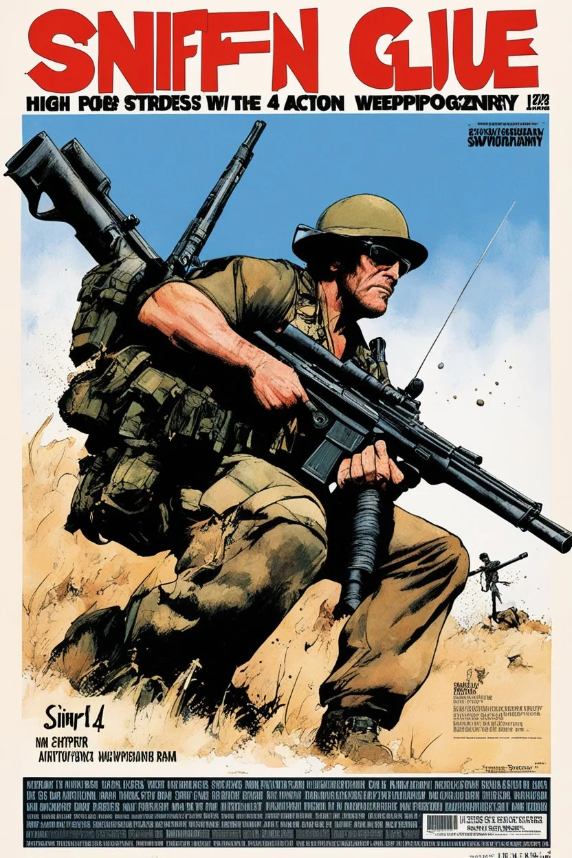 SNIFFIN’ GLUE magazine high res photo cover by Ralph Steadman: special issue #42 on sniper action and weaponry. guest star: Anthony Swofford, Jarhead and Rambo.