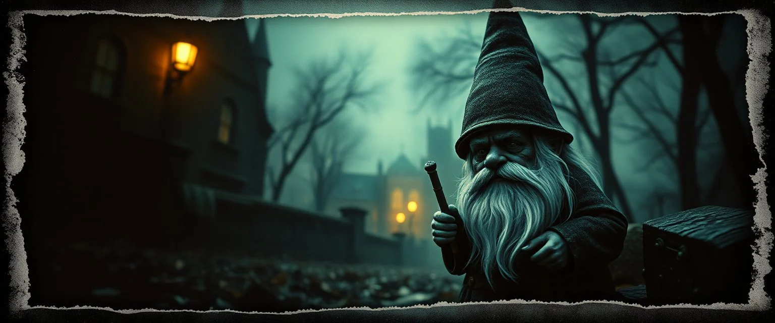dark gnome , pinhole cam, airbrush 3d rendering, in the style of John Atkinson Grimshaw , torn edges on border