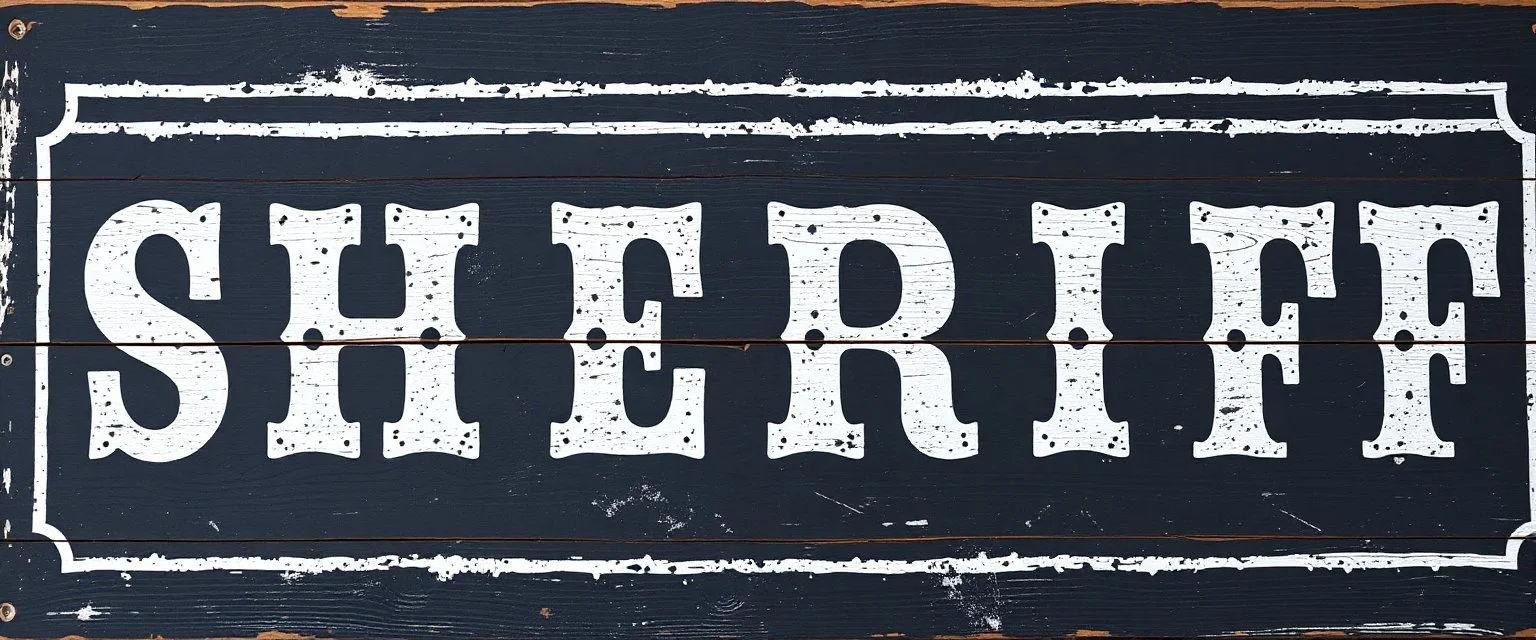 fill composition with large and wide historical hand painted old western sign that reads: "SHERIFF" white on black with inset white stripe boarder aged paint on wood sanserif