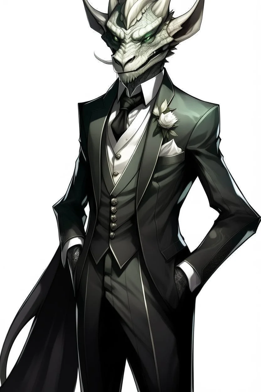 A silver Dragonborn from dnd wearing a tuxedo