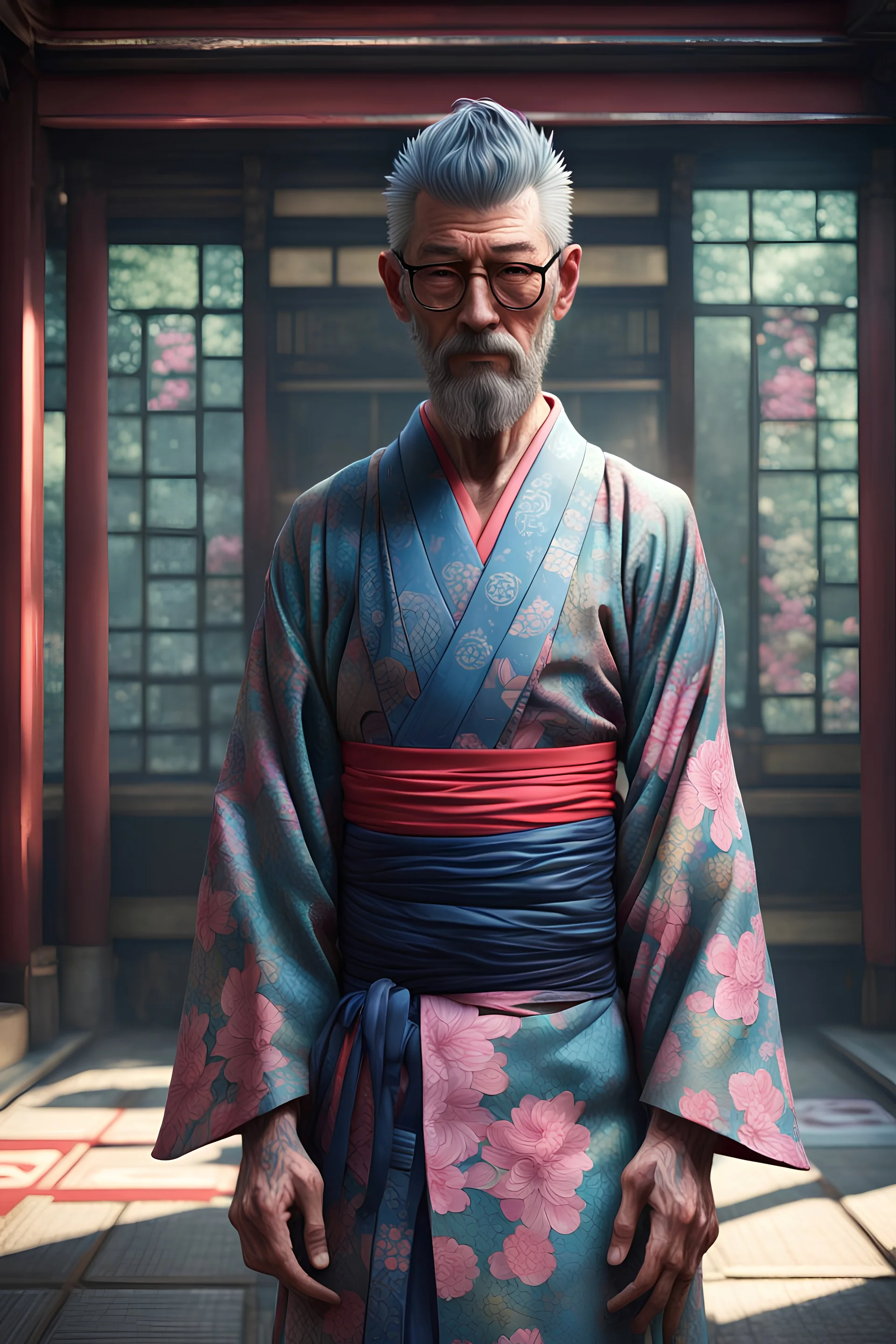 zenmaster in a zentemple in japan, a hipster of 30 years, tattood body arms, Mysterious, award - winning, by greg rutkowski, the style of David Hockney, sunny, yukata, artstation hyperrealism painting concept art of detailed character design matte painting, 4 k resolution blade runner