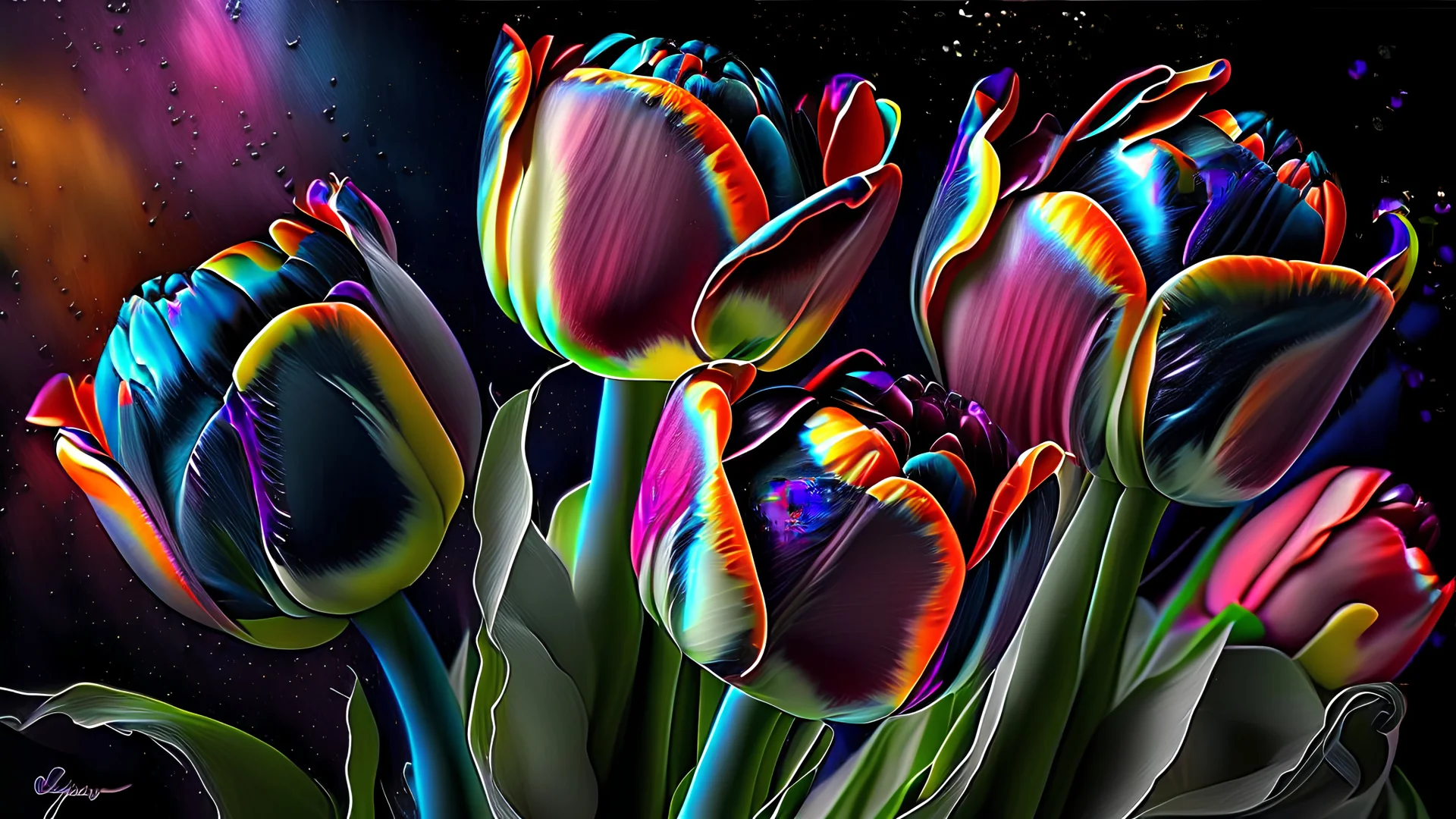 Multiple colored Tulips, vibrant color, galaxy feel, elegant detailed