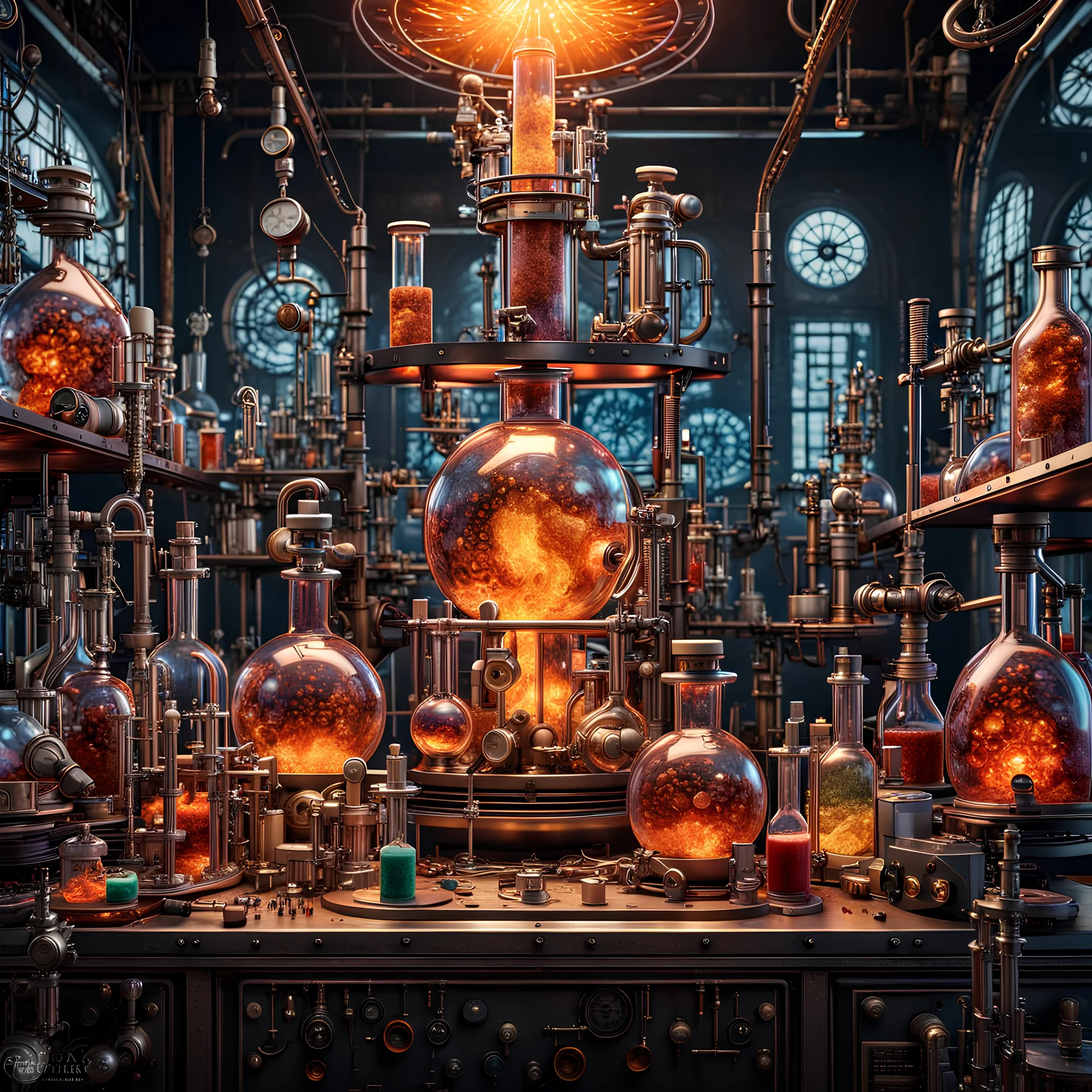 3D rendering of expressively detailed and intricate of a hyperrealistic chemistry laboratory experiment: front view, colorful paint, tribalism, steampunk, shamanism, cosmic fractals, dystopian, octane render, volumetric lighting, 8k post-production, detailed metallic objects, dendritic, artstation: award-winning: professional portrait: atmospheric: commanding: fantastical: clarity: 16k: ultra quality: striking: brilliance: stunning colors: amazing, beautiful, stunning composition, mouse