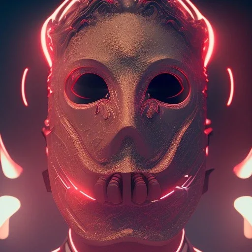 Mystery red meat mask, dramatique, art background, dramatic lighting, volumetric lighting, hyperrealisme, 8k, high quality, lot of details, fit within portrait