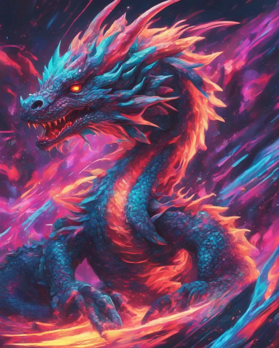 Close up shot, Dragon in a vibrant synthwave dreamscape, neon chaos swirling energetically around pixelated forms, a dynamic fusion of retro gaming nostalgia and futuristic abstraction