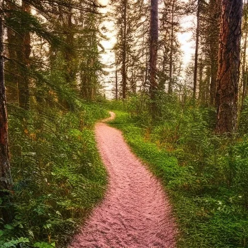 petit chemin de sable dans la foret, arbre roses, aurore boréale