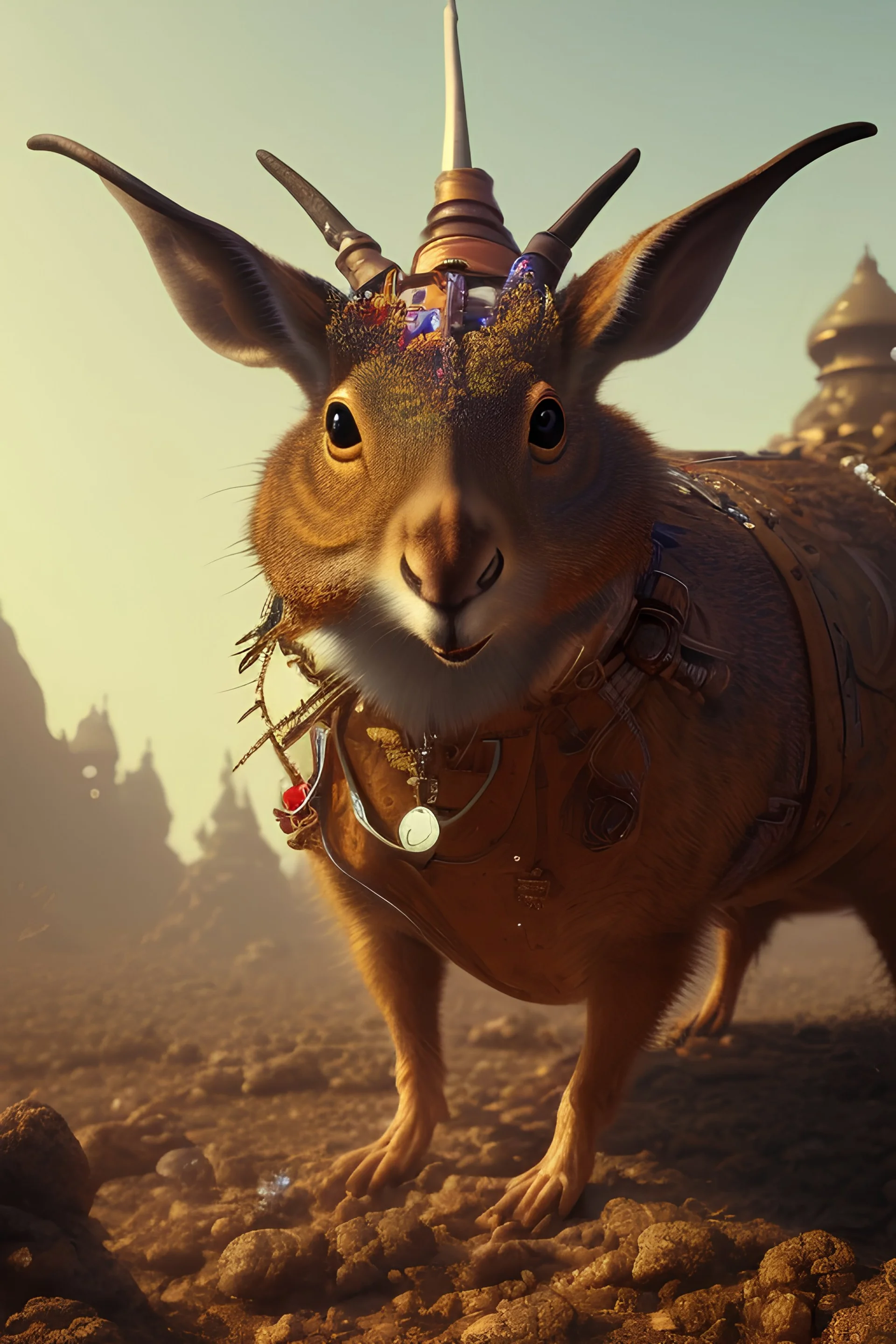 Anthropomorphic jackelope dressed in old west cowboy style, concept art, vivid colors, visionary, science fiction, Desertic bioremediation, hyper realistic, ambient lighting, concept art, intricate, hyper detailed, smooth, dynamic volumetric lighting, octane, raytrace, cinematic, high quality, high resolution, Unreal Engine 5, 8K, symmetry