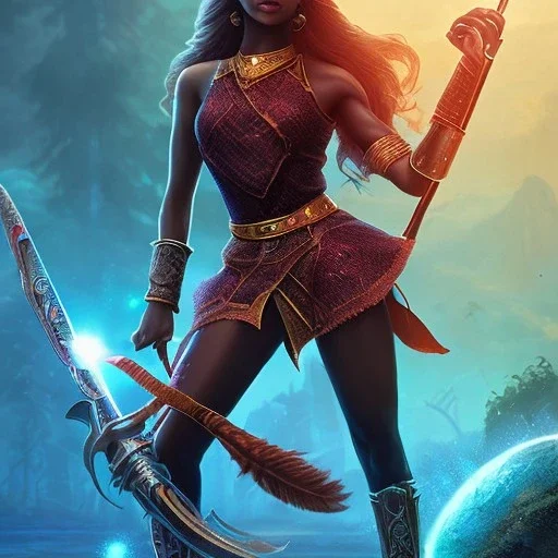 Full body, fantasy setting, heroic fantasy, woman, dark skin, Indian, 20 years old, half-hawk haircut, magician, warrior, hourglass body shape, bicolor hair, muscular, cinematic