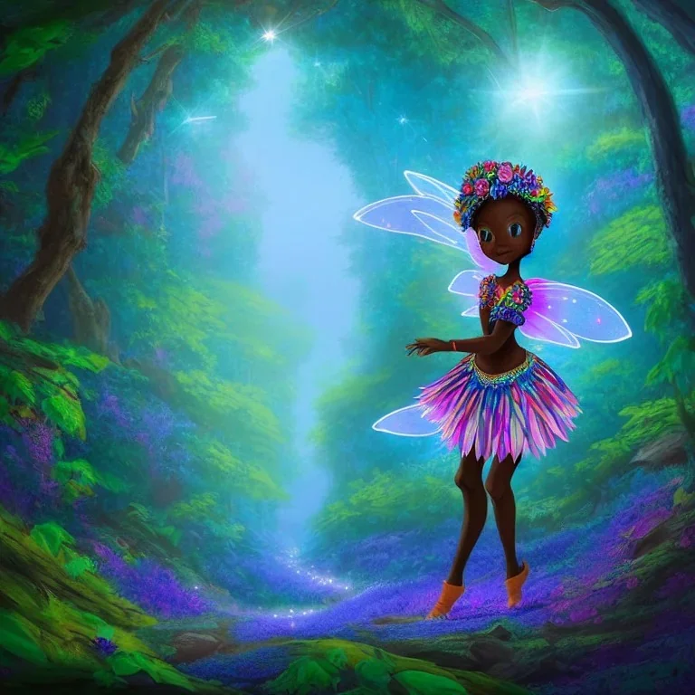 blue ridge mountains environment, fairy novel character, vibrant colors in the style of little african princess, circle shaped format with floral boarder, colorful volumetric reflective lighting effects, beautiful spirit ultra detailed, Intricate concept character design is walking through the dark forest woods