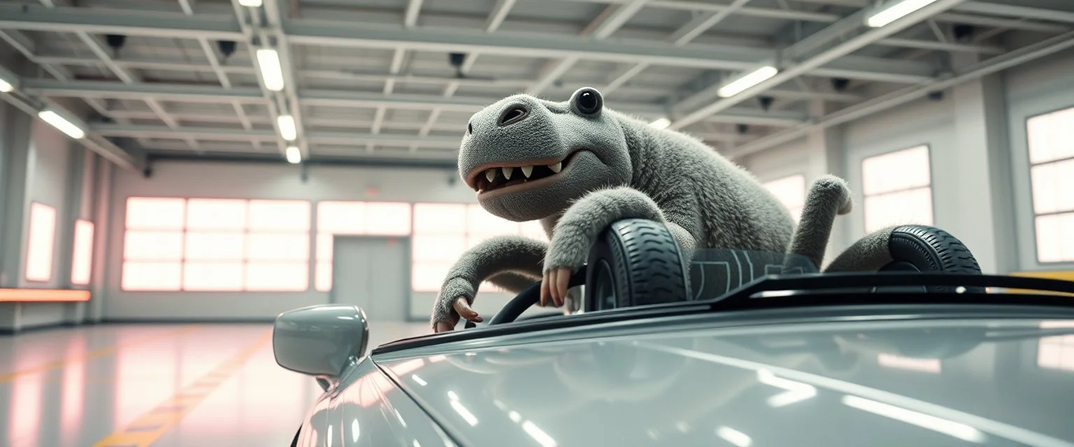 car driving happy 2d neon fluffy orc wheel test dummy hippo spider with human hands in the style of Escher and Giger and Fallout 4, pinhole cam, airbrush 3d rendering, on tv screen:A five-second cinematic single take in a clean industrial presentation hall.