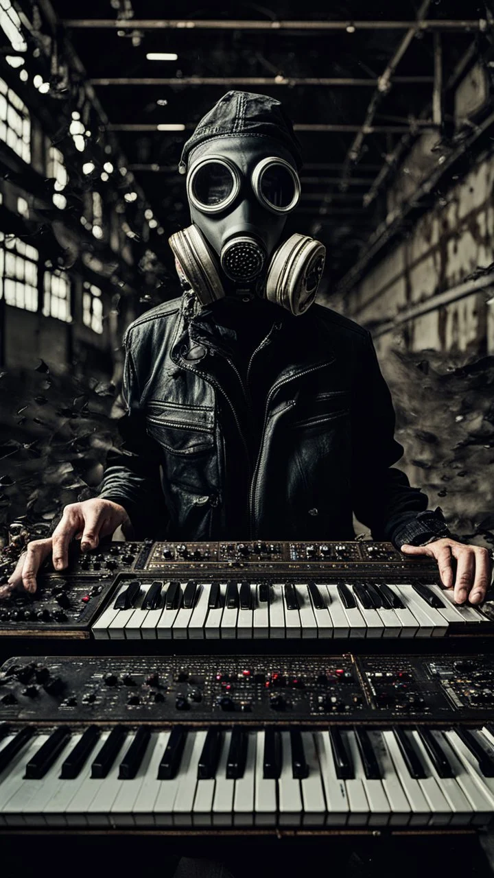 a person with a gas mask in an abandoned big massive factory, playing with a modular synth piano