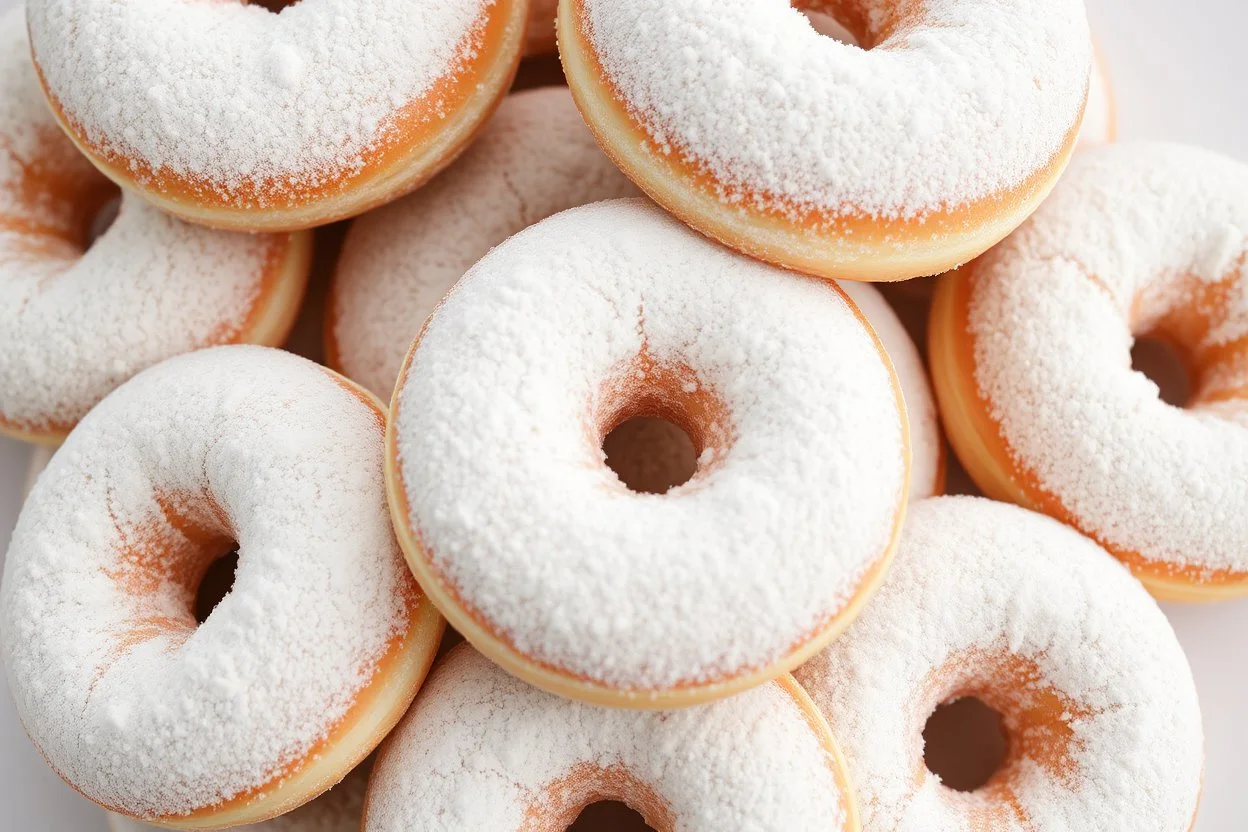 A close-up image of a pile of evenly powdered cake donuts, with the donuts overlapping and the powdered sugar coating them evenly. The background should be white or a light neutral color.