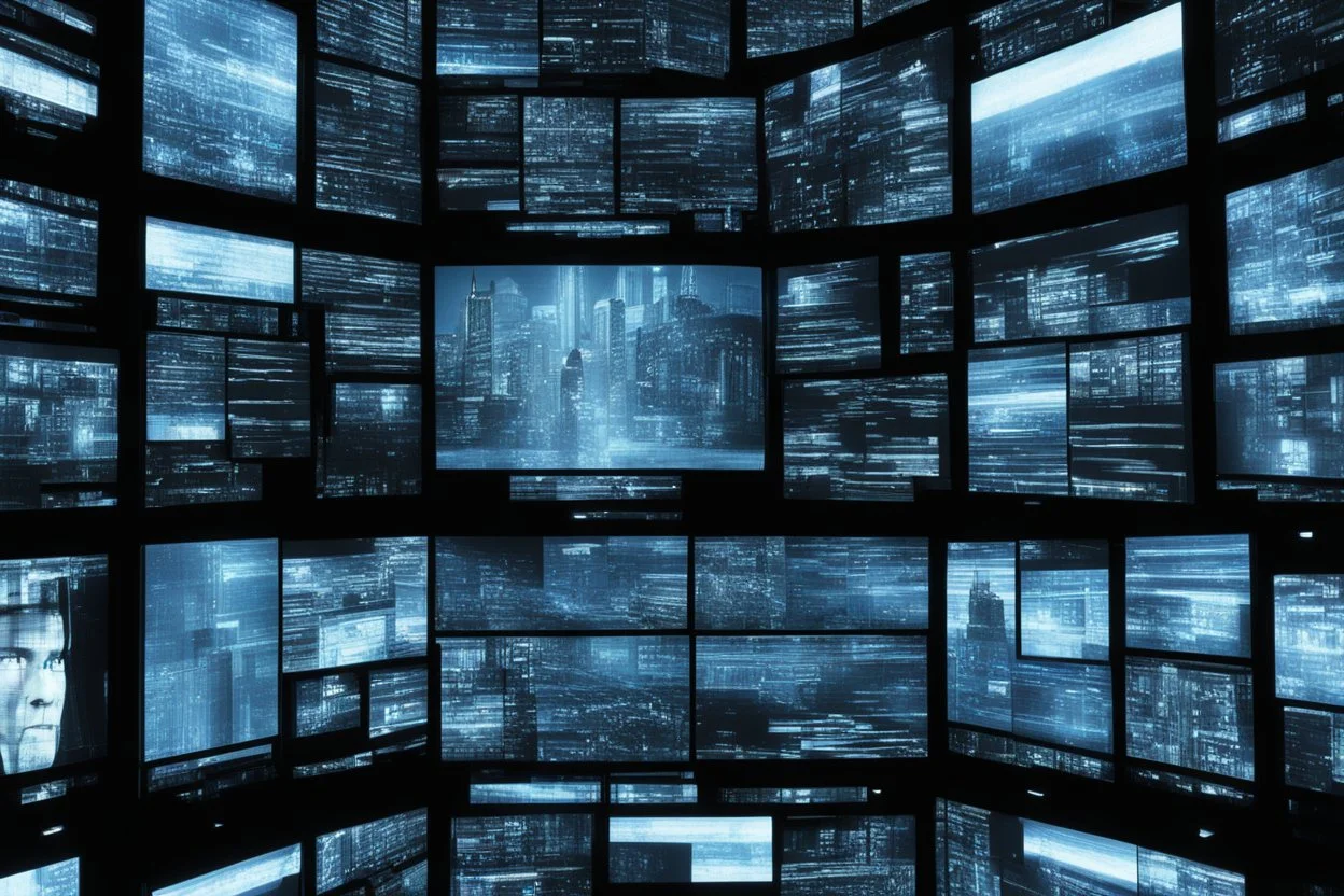 A glitchy video message on the iconic multiple screens of Minority Report, inspired by "The Electronic Revolution", (William S. Burroughs), with fragmented words and disjointed images. The protagonists, watching the screens, maybe be aliens or phantasmagoric creatures from dreams