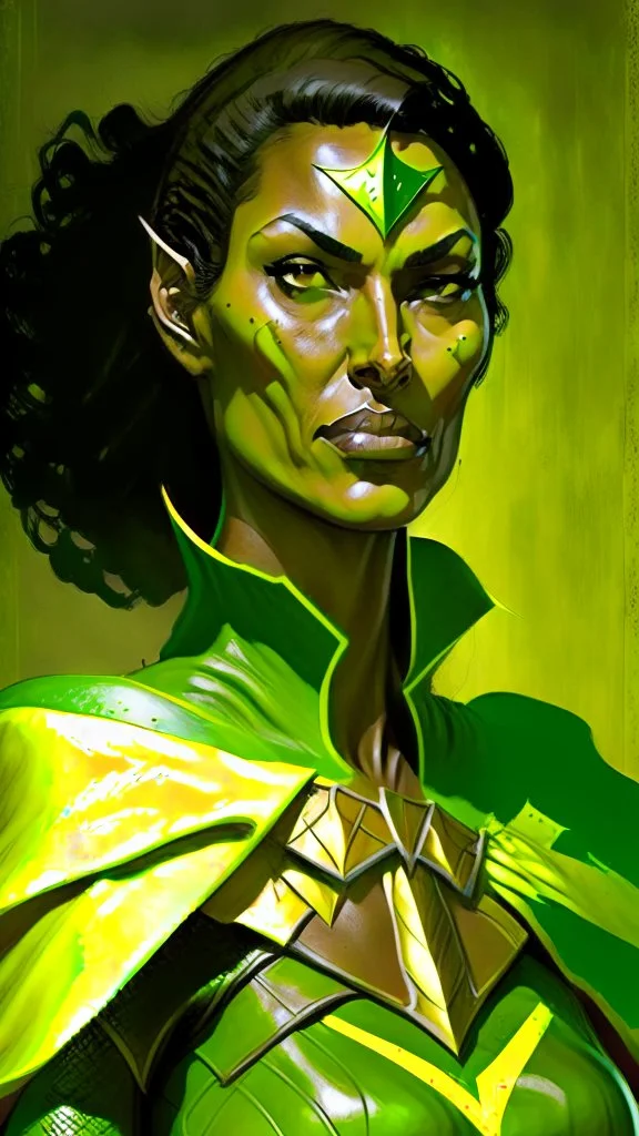 A tall woman with tanned skin. Her face, marked by the years, always has a smirk on it, showing her superiority in the eyes of the others. She is dressed in leather armor and wears a yellow and green cape. A scar runs from her right ear to her neck.