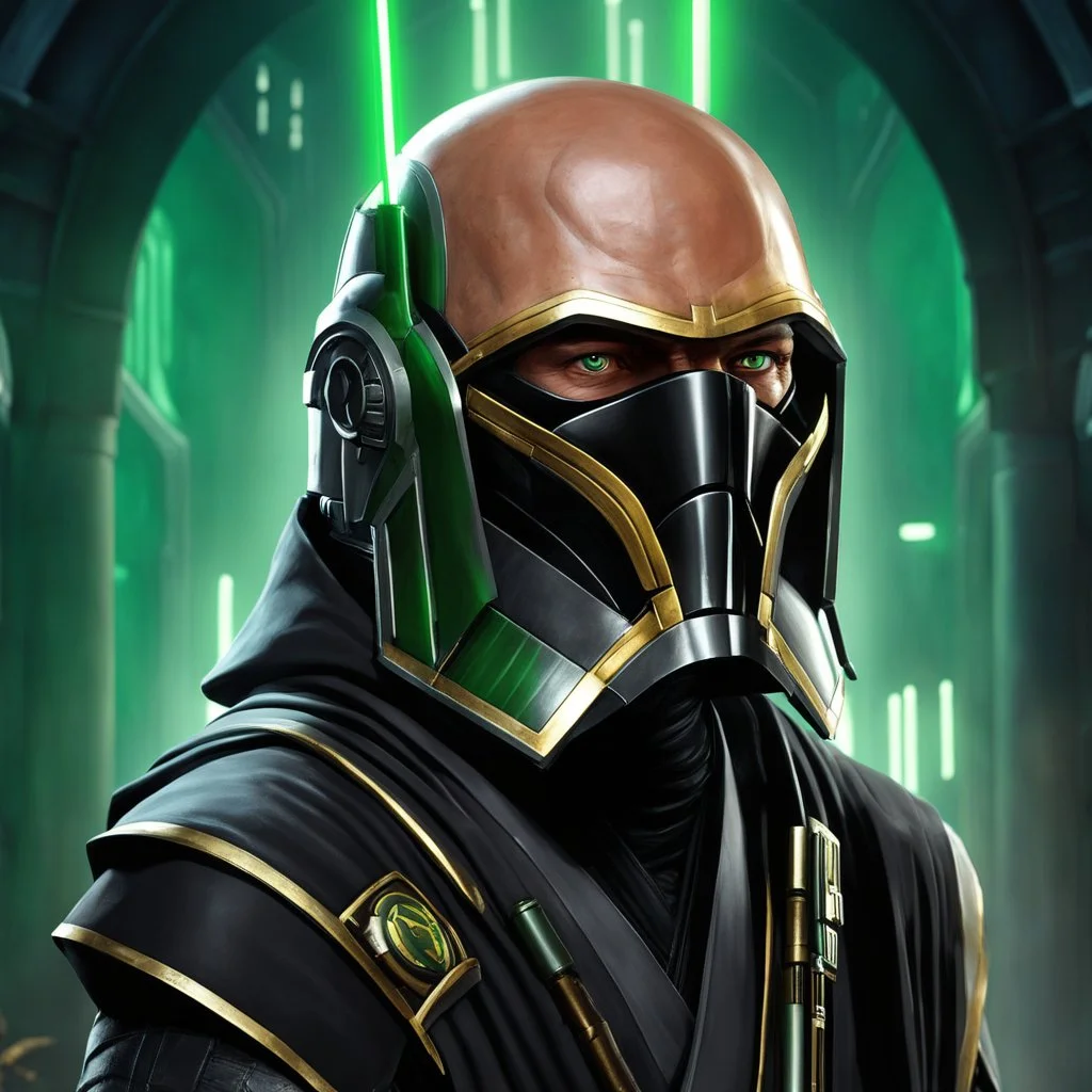 star wars bald male corellian jedi pilot wearing gunmetal grey and black old republic armored robes with gold trim inside the jedi temple holding a lightsaber with viridian green blade in left hand, centered head and shoulders portrait, hyperdetailed, dynamic lighting, hyperdetailed background, 8k resolution, volumetric lighting, light skin, fully symmetric details