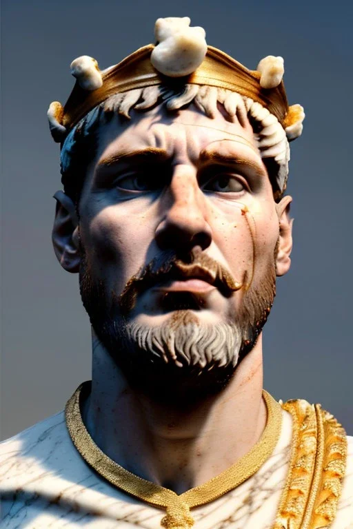 Realistic image, Roman sculpture made in white marble with gold veins, Lionel messi with gold laurel leaves crown, decorative star on the chest, waist up portrait, marble material, gold ornaments, Baroque style, sun rays background, epic, celestial, cinematic lighting, God lights, 4k resolution, smooth details, soft lighting, unreal engine 5, art station, substance 3d.