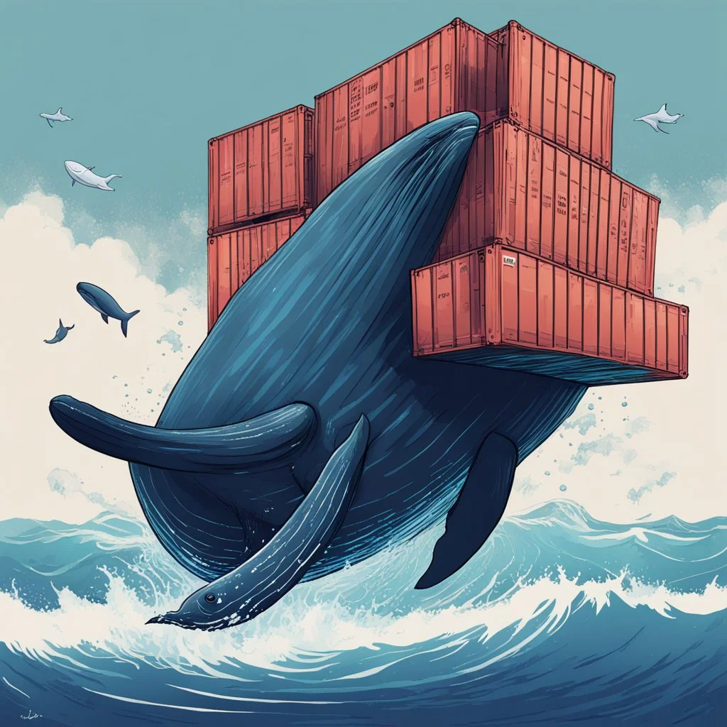 A whale carrying shipping containers on its back ,in the ocean. Digital Art, Digital Drawing